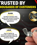 Hand holding stainless wing nut with 8-32 machine thread, 18-8 stainless steel, rust resistant hardware for indoor and outdoor use.
