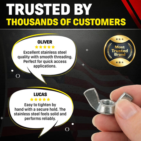 Hand holding stainless wing nut with 8-32 machine thread, 18-8 stainless steel, rust resistant hardware for indoor and outdoor use.