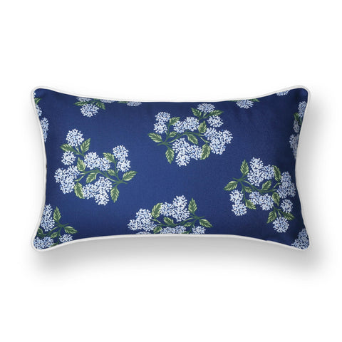 Coastal Lumbar Pillow Cover 12x20 Inches Water Repellent Outdoor Indoor Navy Blue Hydrangea Print Durable Polyester Front View