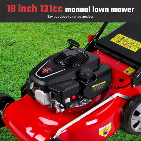 18 Inch Self Propelled Gas Lawn Mower With 131cc DV Engine 8 Cutting Heights Rear Wheel Drive Push Walk Behind 3 In 1 Mulching Side Discharge And Rear Bag Perfect For Yards And Landscaping On Hills And Rough Terrain, red steel deck