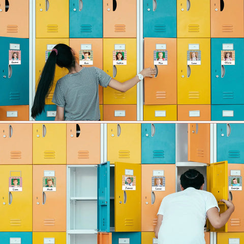 People placing Boho Rainbow Kid Friendly Photo Nameplates For Desk, 48 Pack Colorful Photo Frame Name Tags on yellow and blue lockers.