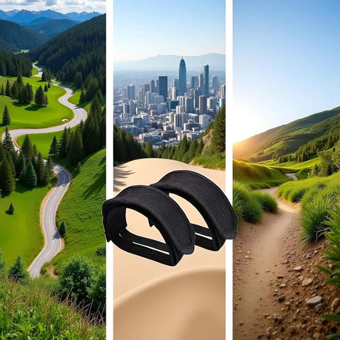 2 Pack Black Strap Pedal Straps For Kids And Adults Bike Foot Pedal Straps Toe Clips in natural terrain setting.