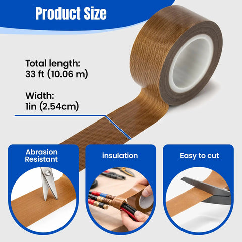 Pro Grade Teflon Tape For Heat Sealer Machine 1 Inch By 33 Feet 0.18mm PTFE Fiberglass Adhesive Tape showing product size and features