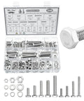 Heavy Duty Hex Head Nuts And Bolts Assortment Kit With 246 Pieces stainless steel bolts, nuts, and washers organized in a clear storage case.