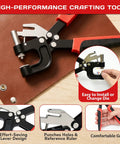 All In One Leather Rivets And Snaps Tool Kit With Heavy Duty Press Pliers on leather surface