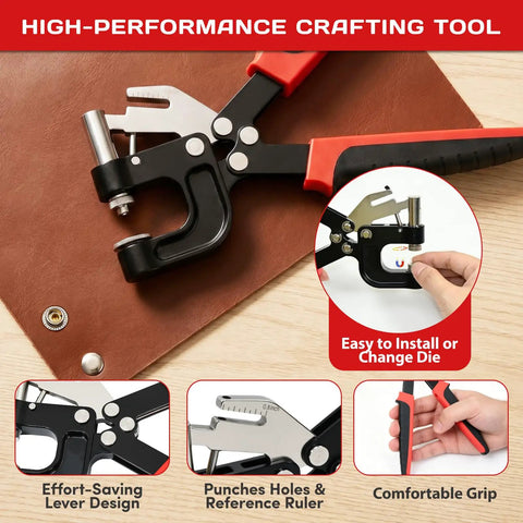 All In One Leather Rivets And Snaps Tool Kit With Heavy Duty Press Pliers on leather surface