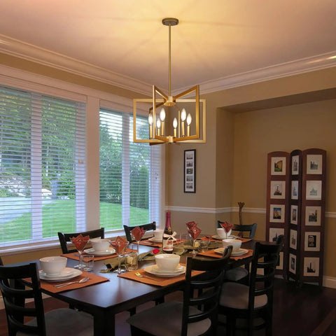 Slick Six Bulb Gold Chandelier That Gonna Level Up Your Space, modern farmhouse ceiling light over dining table.