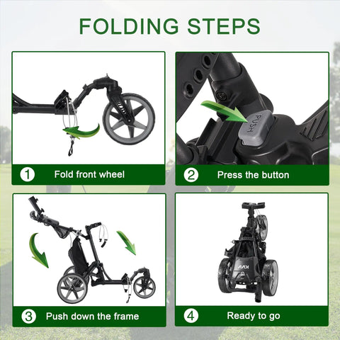 Folding steps for Hardcore Lightweight Foldable Golf Push Cart With Zero Hassle Quick Release Frame and Smooth 360 Rotating Front Wheel.