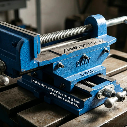 6 Inch Cross Slide Drill Press Vise Built Like A Tank With Nine Point Four In X Axis Travel And Eight In Y Motion For Dead Steady Precision Workholding On Bulky Metal Plates, showing durable cast iron construction.