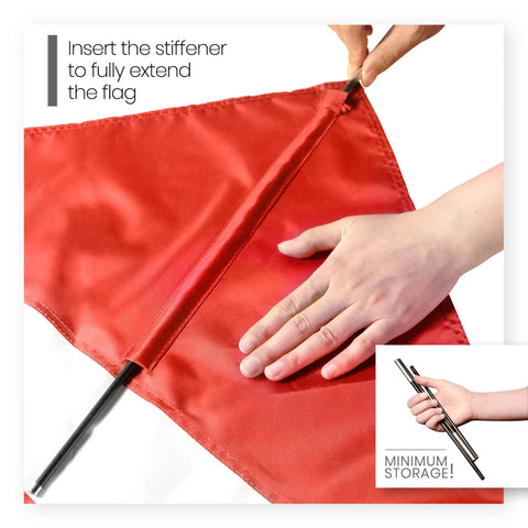Inserting stiffening pole into red and white 20x24 nylon dive flag for scuba, spearfishing, freediving, snorkeling, Coast Guard regulation.