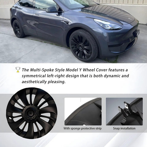 Snag These Fresh Multi Spoke Wheel Covers For Tesla Model Y 19 Inch Hubcaps 2020 To 2024 Four Piece Set showcasing matte black design.