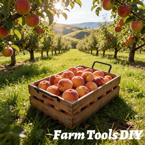 Wooden crate filled with ripe peaches in a sunny orchard, surrounded by rows of peach trees.