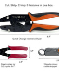 Pro Grade All In One RF Coax Tool Kit With Quick Change Crimper Cutter And Stripper Plus Five Interchangeable Die Sets shown in detail