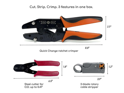 Pro Grade All In One RF Coax Tool Kit With Quick Change Crimper Cutter And Stripper Plus Five Interchangeable Die Sets shown in detail
