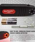 Hidden Camera Detector and Spy Camera Finder for Hotels and Travel shown with batteries and keychain, portable optical lens detector.