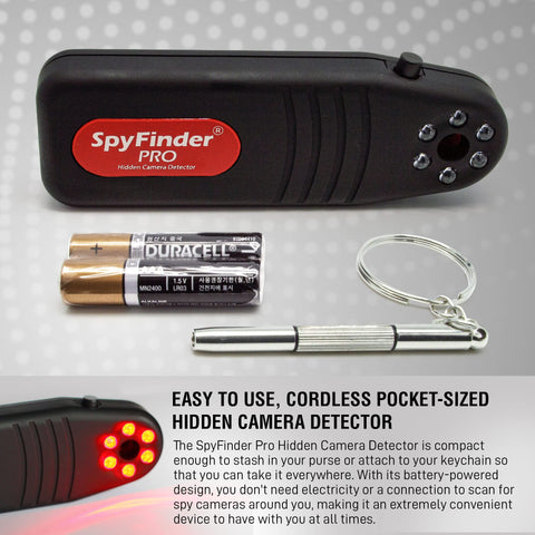 Hidden Camera Detector and Spy Camera Finder for Hotels and Travel shown with batteries and keychain, portable optical lens detector.
