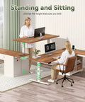 No Sweat 66 Inch Farmhouse L Shaped Standing Desk With Smooth Electric Height Adjustment Three Memory Presets LED Screen in use.