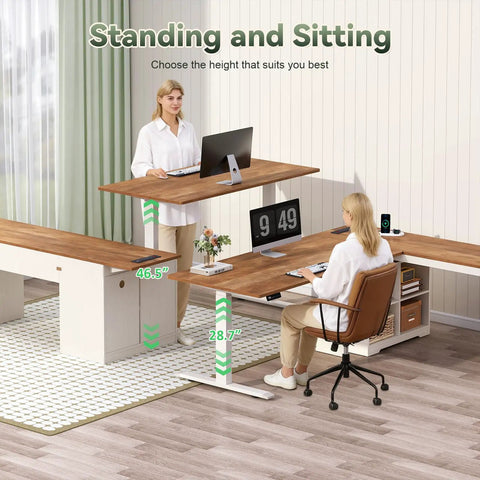 No Sweat 66 Inch Farmhouse L Shaped Standing Desk With Smooth Electric Height Adjustment Three Memory Presets LED Screen in use.