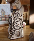 Old Clock Tower 3D Puzzle Kit For Adults, Hands-On Wooden Mechanical Model With Moving Gears, Pendulum, Weathervane, And Clock Face, DIY Wood Building Kit, Brain-Building Mechanical Puzzle And Home Decor; wooden tabletop view