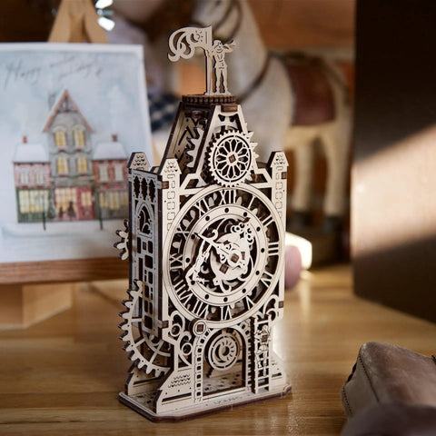 Old Clock Tower 3D Puzzle Kit For Adults, Hands-On Wooden Mechanical Model With Moving Gears, Pendulum, Weathervane, And Clock Face, DIY Wood Building Kit, Brain-Building Mechanical Puzzle And Home Decor; wooden tabletop view