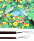 Front view of two wooden-handled vinyl weeding tools with metal blades