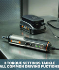 4V Cordless Screwdriver With Three Speed Settings, Compact Handy Grip Design, charging on a metallic surface with USB-C cable