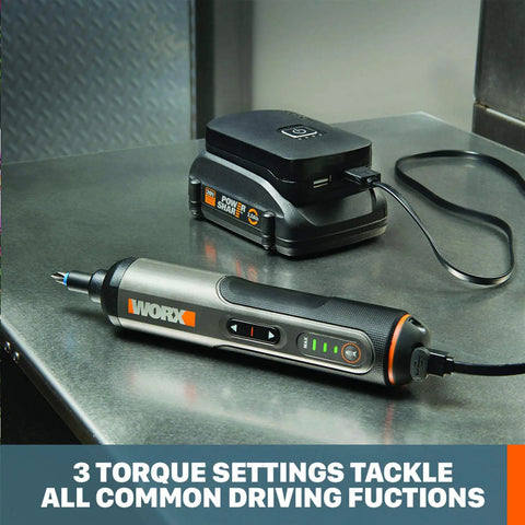 4V Cordless Screwdriver With Three Speed Settings, Compact Handy Grip Design, charging on a metallic surface with USB-C cable