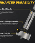 Close-up of a 1-3/8 inch drill bit with serrated edge and alloy steel handle, showing enhanced durability features.