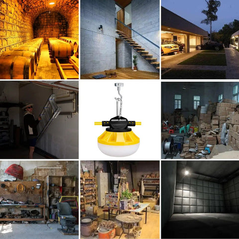 Collage showcasing diverse environments, central focus on 50ft LED Construction String Lights With 5 Heads 10W Per Lamp 5000lm Outdoor Work Light Portable Extendable String Light For Your Job Sites ETL Listed Weatherproof.