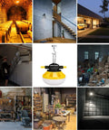 100 Ft LED Construction String Lights With Ten Heads, 100W Total, 10000 Lumens Outdoor Work Light pictured in various settings