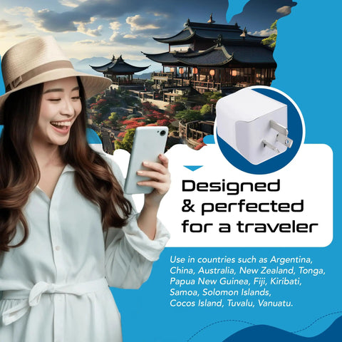 Ultra Compact USA To Type I Travel Adapter with woman using phone, designed for Australia, New Zealand, China use, dual USB input.