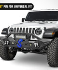 Jeep with Forged Steel Winch Hook Set 3/8 Inch Grade 70 Safety Latch Clevis Slip Hook and blue cable stopper on front bumper.