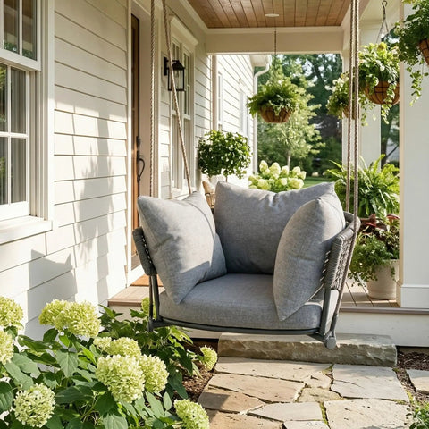 Single Seater Porch Swing Chair With 106 Inch Adjustable Rope For Height Boho Macrame Hanging Hammock Chair For Outdoor Patio Or Bedroom Reading Nook Anti Tip Design With Cushions In Grey Cozy Chill Vibe