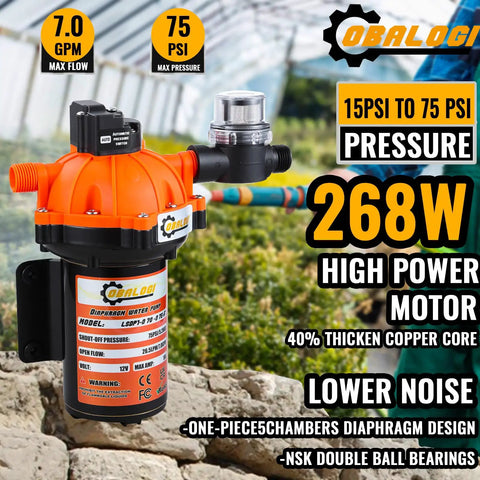 12V RV Fresh Water Pump That Delivers 7 GPM At 75 PSI Self Priming Diaphragm With Pressure Switch And Filter Ultra Quiet 5 Chamber Design For RV Boat Yacht Camper Garden Irrigation on a stone surface
