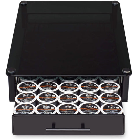Premium Glass Coffee Stand With Pod Drawer for Keurig Coffeemakers Keeps Pods Handy On The Counter, Sleek Kitchen Organizer