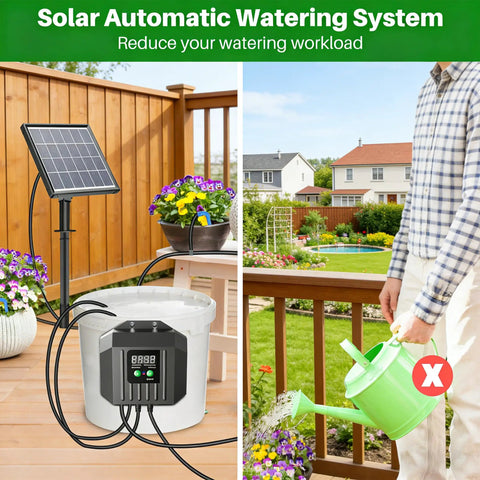 Solar Powered Drip Irrigation System With Digital Programmable Watering Kit, 2200mAh Battery, hybrid power in garden setup