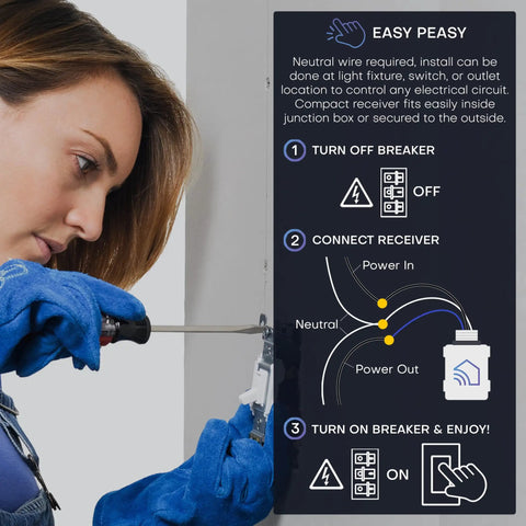 Person installing receiver for Battery-Free DIY Wireless Light Switch Kit With 150Ft RF Range Self-Powered By Kinetic Energy