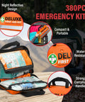 380 Piece Deluxe First Aid Kit with bandages, gauze rolls, and more displayed in a compact orange case, ideal for travel and camping.