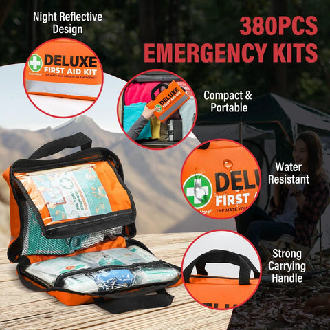 380 Piece Deluxe First Aid Kit with bandages, gauze rolls, and more displayed in a compact orange case, ideal for travel and camping.