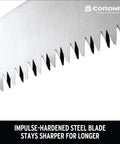 Close-up of RazorTOOTH Pruning Saw For One-Hand Use 13-Inch Curved Blade Tree Saw With High-Carbon SK5 Steel Chrome-Plated Edges