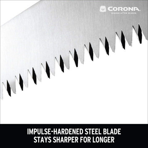 Close-up of RazorTOOTH Pruning Saw For One-Hand Use 13-Inch Curved Blade Tree Saw With High-Carbon SK5 Steel Chrome-Plated Edges