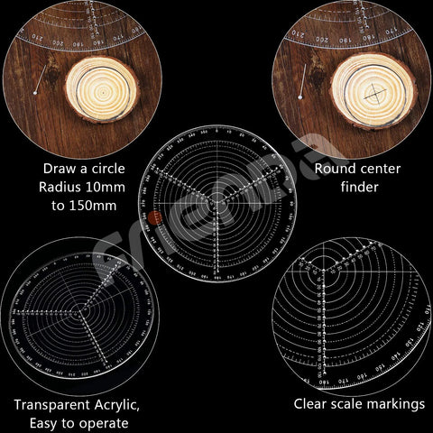 Set of five clear acrylic round drawing circles with center finder compass for lathe work, 300 mm/12 in diameter