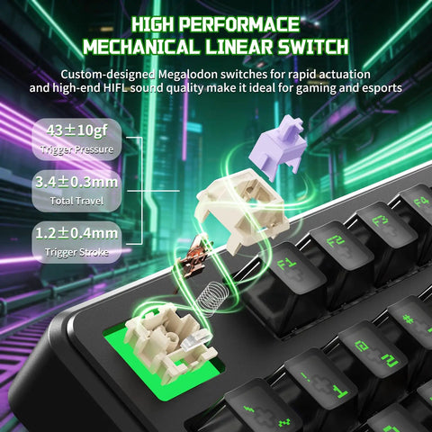 Close-up of TKL Wireless Mechanical Gaming Keyboard Black Built Different With Massive 10000Mah Battery showing Megalodon switches.