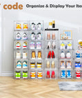 Heavy Duty Super Clear Shoe Organizer With Reinforced Magnetic Front Door Stackable Storage Box featuring multiple clear bins displaying assorted shoes.