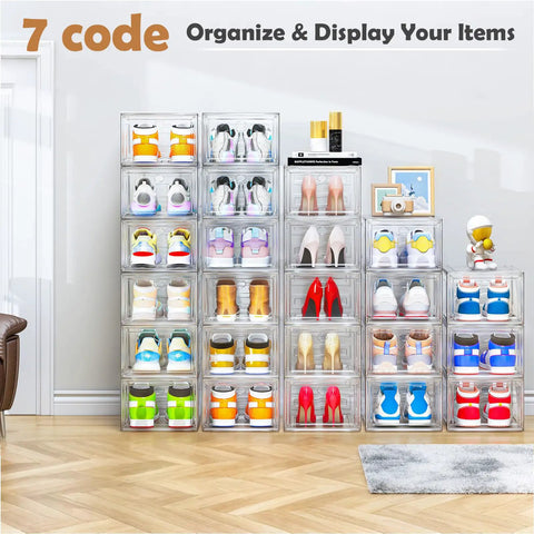Heavy Duty Super Clear Shoe Organizer With Reinforced Magnetic Front Door Stackable Storage Box featuring multiple clear bins displaying assorted shoes.