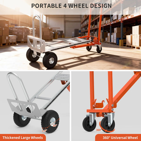 Heavy Duty Aluminum Three In One Convertible Hand Truck With Smooth Rolling Caster Wheels, showing portable design and thickened wheels.