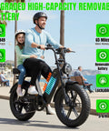 Man and child riding High Power 1500W Peak Fat Tire Electric Bike For Adults With All Terrain Tires Great For Road Sand Snow 60 Mile Range 48V 15Ah Battery UL 2849 Safety Tested Easy To Ride Off Road Dirt Bike along seaside boardwalk