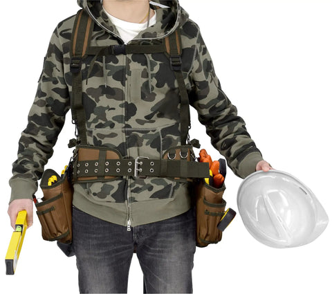 Person wearing Rugged Pro Tool Belt With Tan And Green Comfort Rig Heavy Duty Construction Iron Buckles Reinforced Stitching