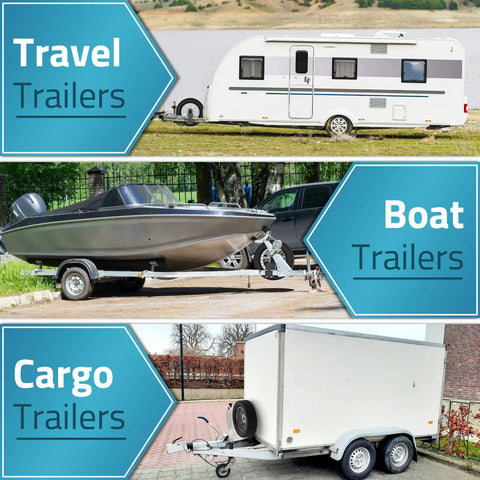 Travel, boat, and cargo trailers for use with Universal Spare Tire Mount With Anti Theft Rope for Utility Trailers and Boats, Fits 4, 5, and 6 Lug Wheels on 4 to 5.5 Inch Bolt Patterns, 150 Lb Capacity, Easy Install Carrier, Heavy Duty Construction For Rough Terrain And Long Lasting Use.