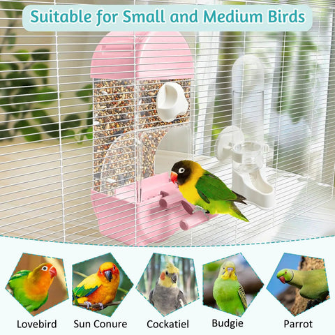 No Fuss Automatic Bird Feeder With Spill Proof Bottom Tray Keeps Your Cage Fresh While Dishing Out crisp seeds and clean water for small birds.